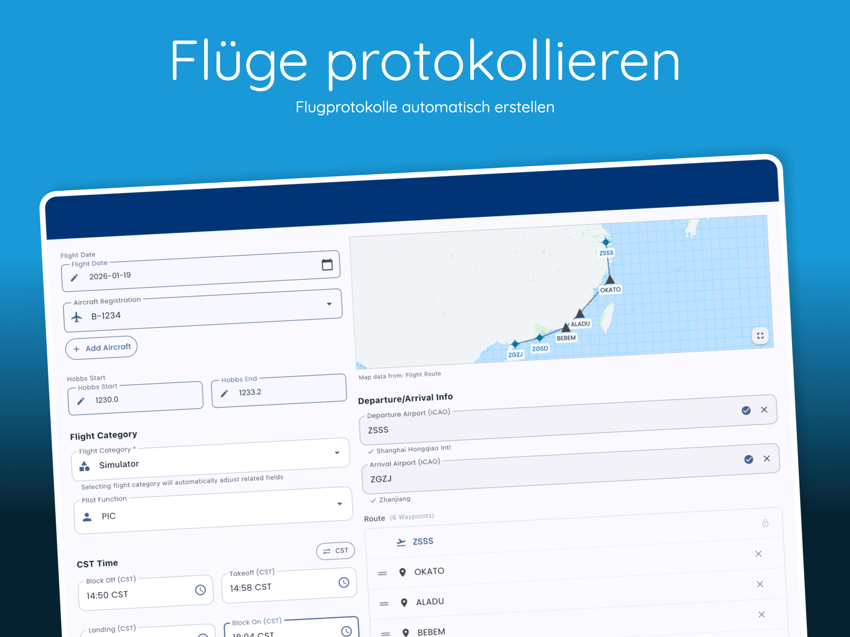 Pilot Kit digitales Flugbuch-Oberfläche mit Flugzeitverfolgung, Berechtigungsverwaltung und Statistiken