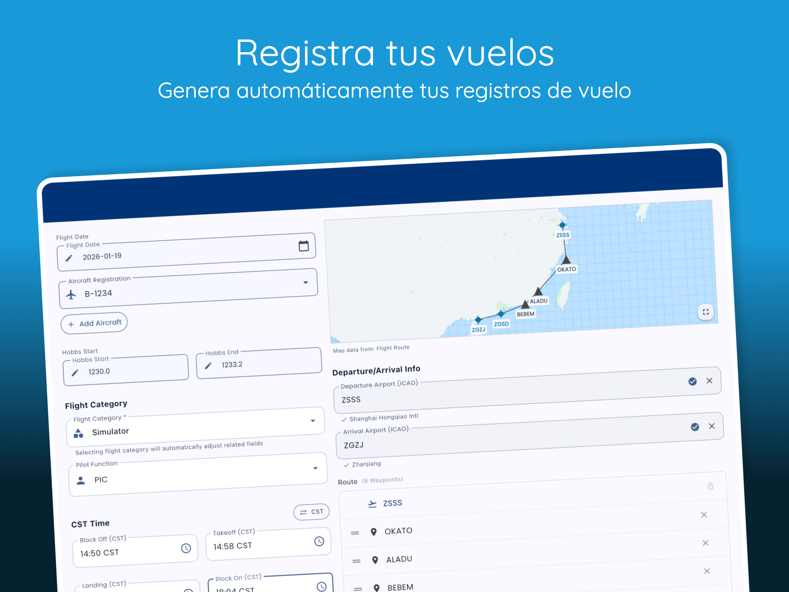 Interfaz del Libro de Vuelo Digital de Pilot Kit mostrando seguimiento de horas de vuelo, gestión de vigencias y estadísticas