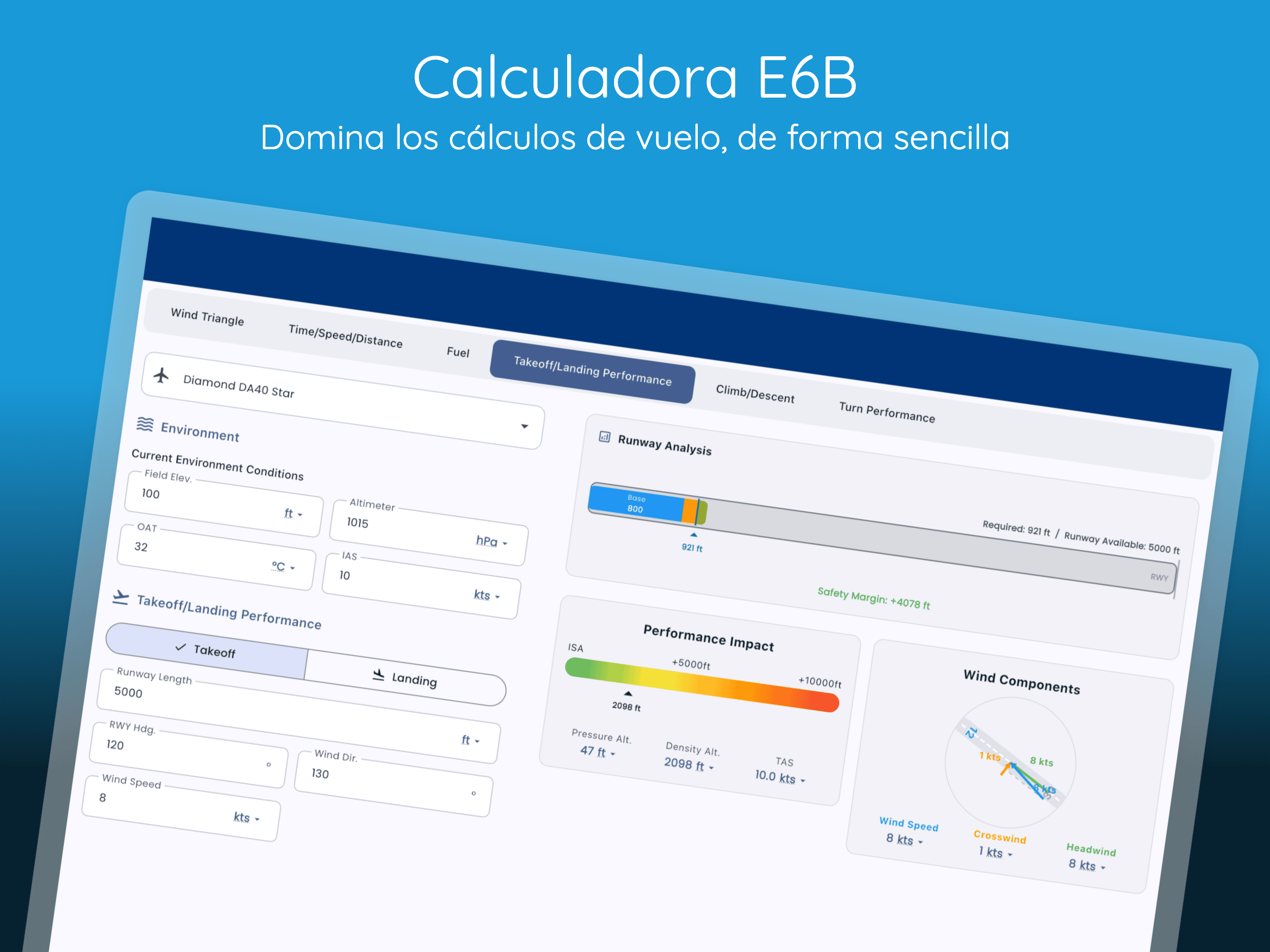 Interfaz de la Calculadora E6B de Pilot Kit mostrando cálculo de combustible, corrección de viento y funciones de altitud de densidad