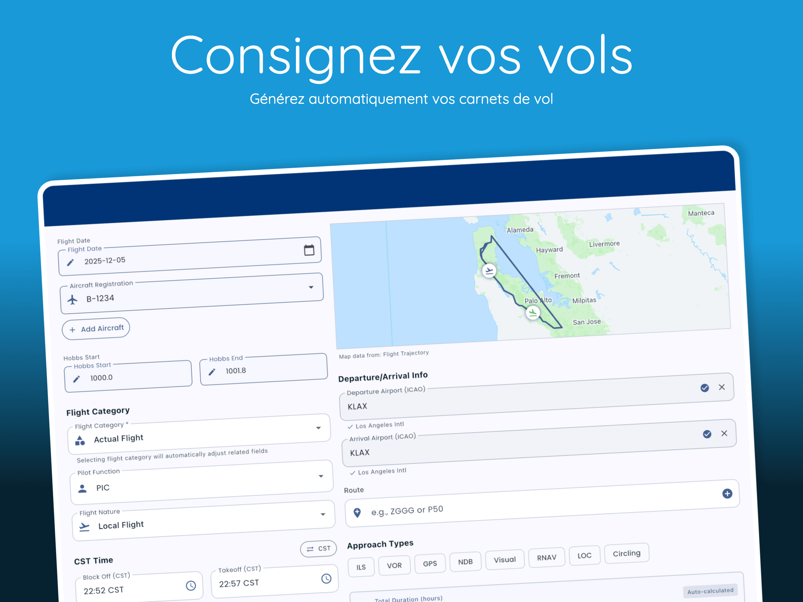 Interface du Carnet de Vol Numérique Pilot Kit montrant le suivi des heures de vol, la gestion des validités et les statistiques