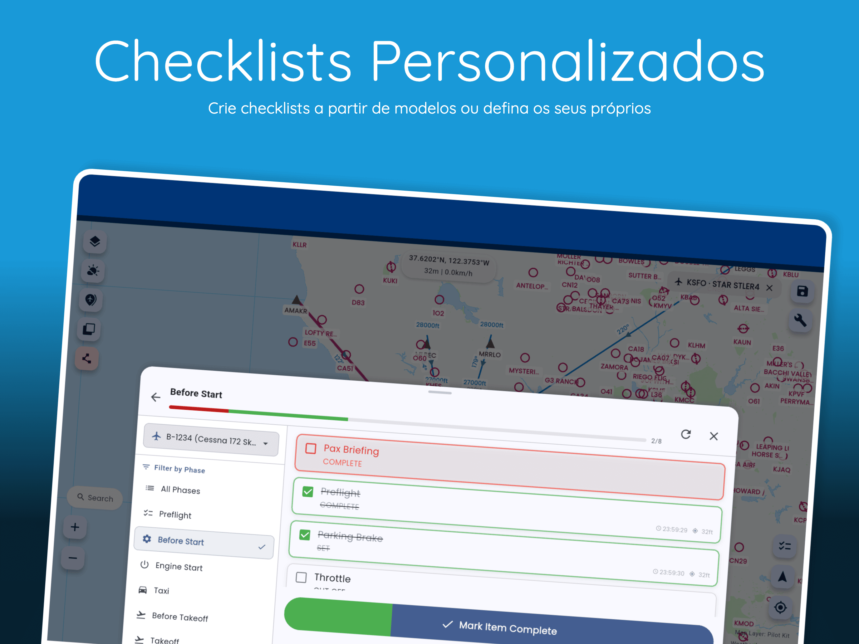 A interface de checklists digitais do Pilot Kit mostra modelos de aeronaves e a execução passo a passo