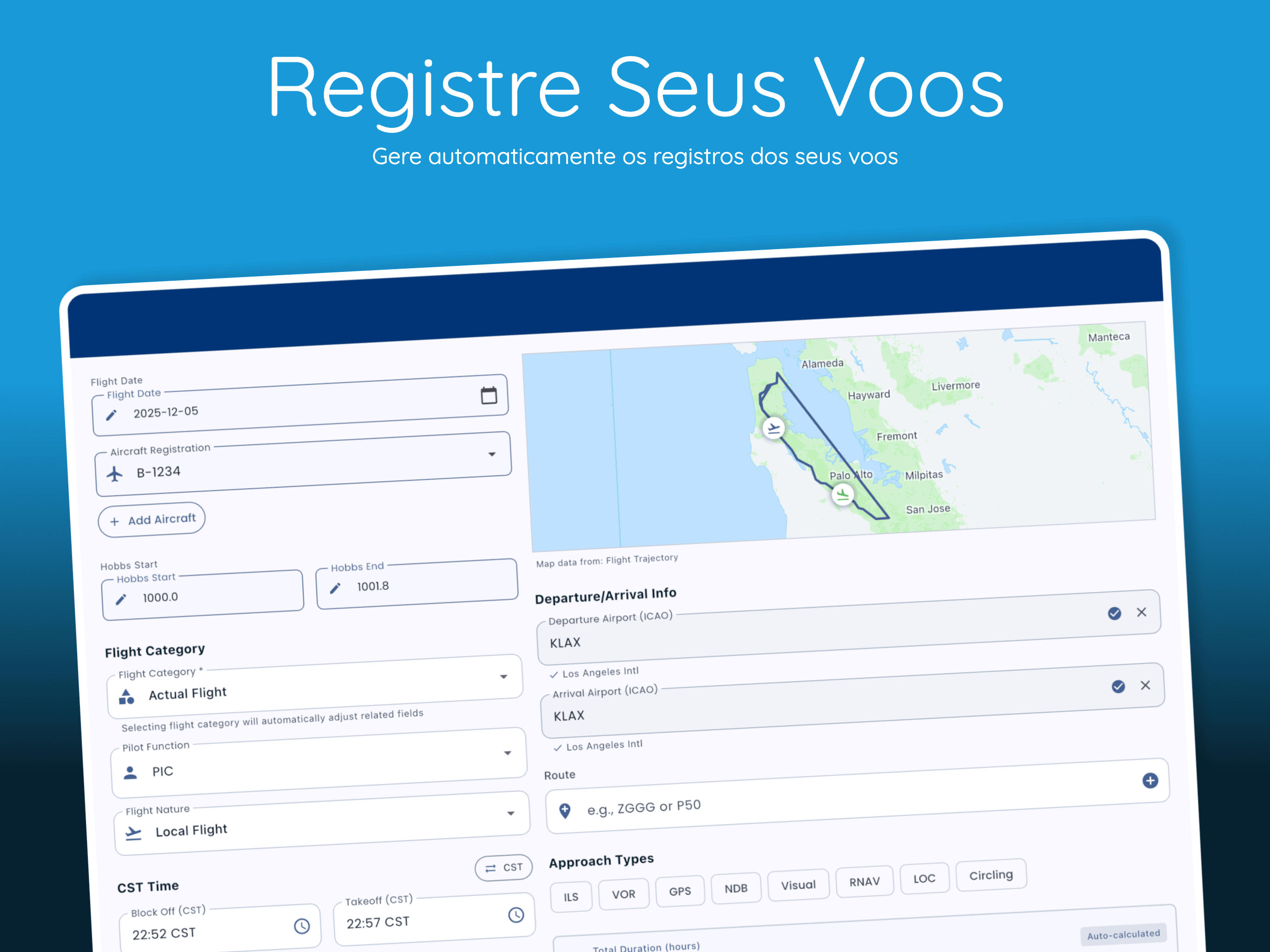 Interface do Diário de Bordo Digital do Pilot Kit mostrando rastreamento de horas de voo, gestão de currencies e estatísticas