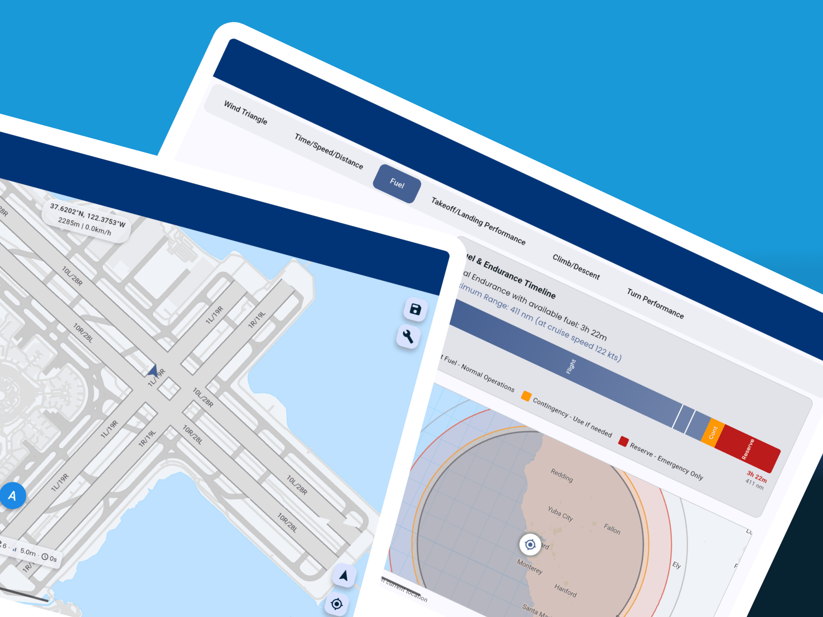 Полётная карта Pilot Kit показывает GPS-позицию на секционной карте с воздушным пространством и рельефом